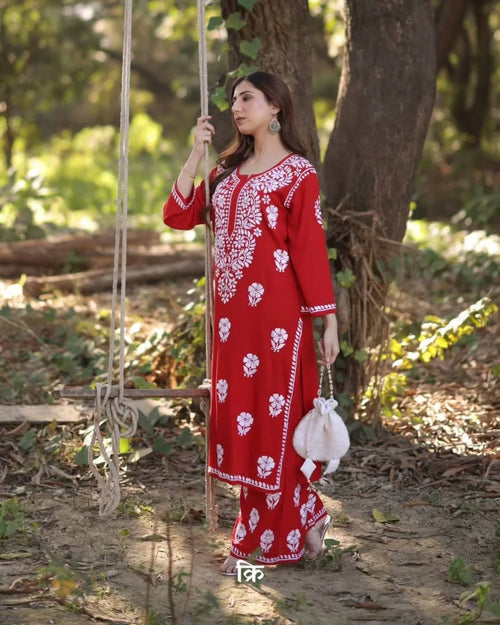 Designer Reyon Embroidery Work Kurti with Full-Stitched Plazzo