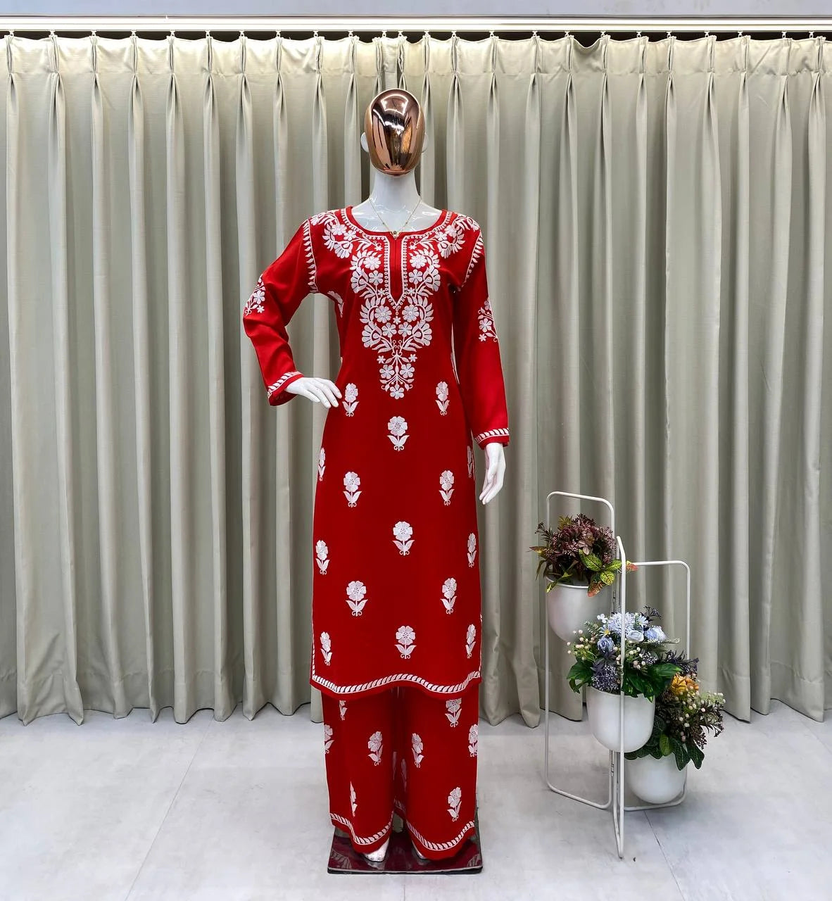 Designer Reyon Embroidery Work Kurti with Full-Stitched Plazzo