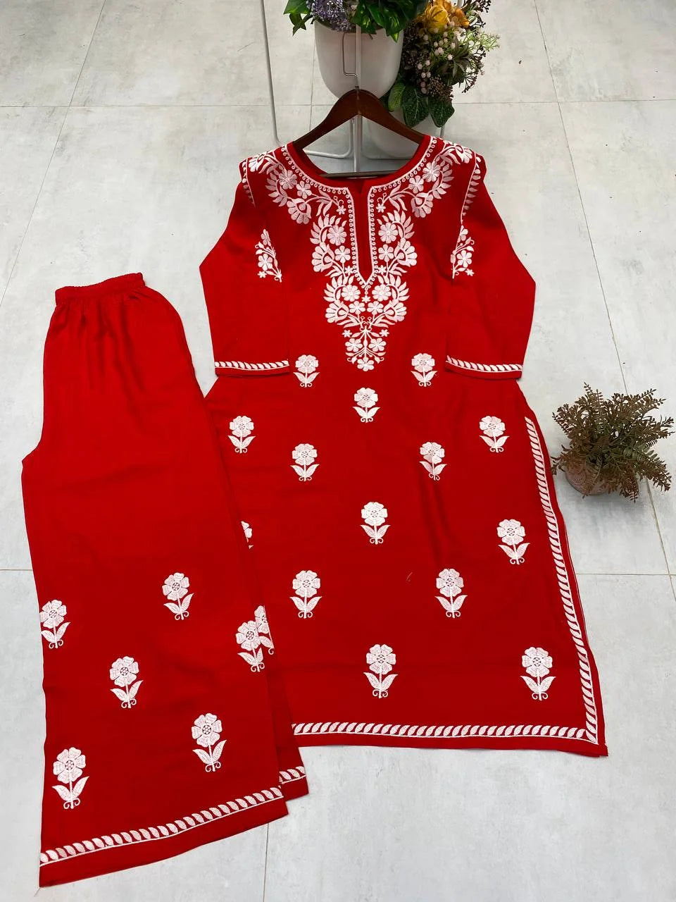 Designer Reyon Embroidery Work Kurti with Full-Stitched Plazzo