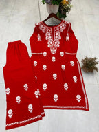 Designer Reyon Embroidery Work Kurti with Full-Stitched Plazzo