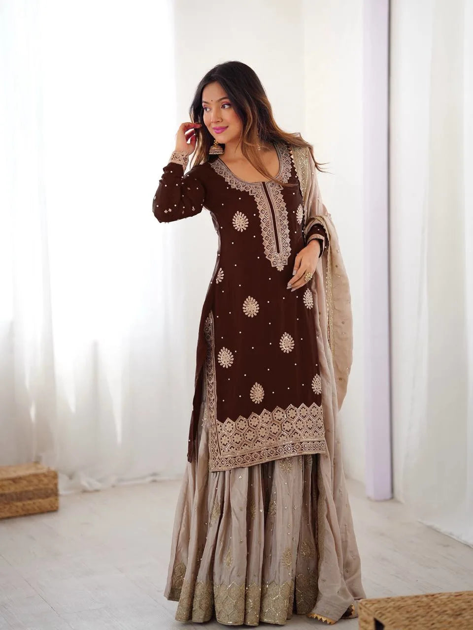 Premium Chinon Silk Brown Sharara Outfit with Rich Detailing