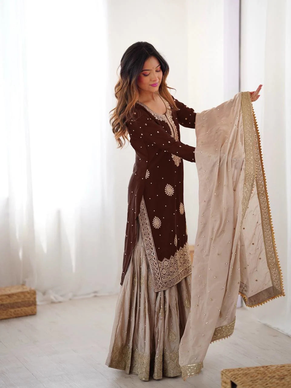 Premium Chinon Silk Brown Sharara Outfit with Rich Detailing