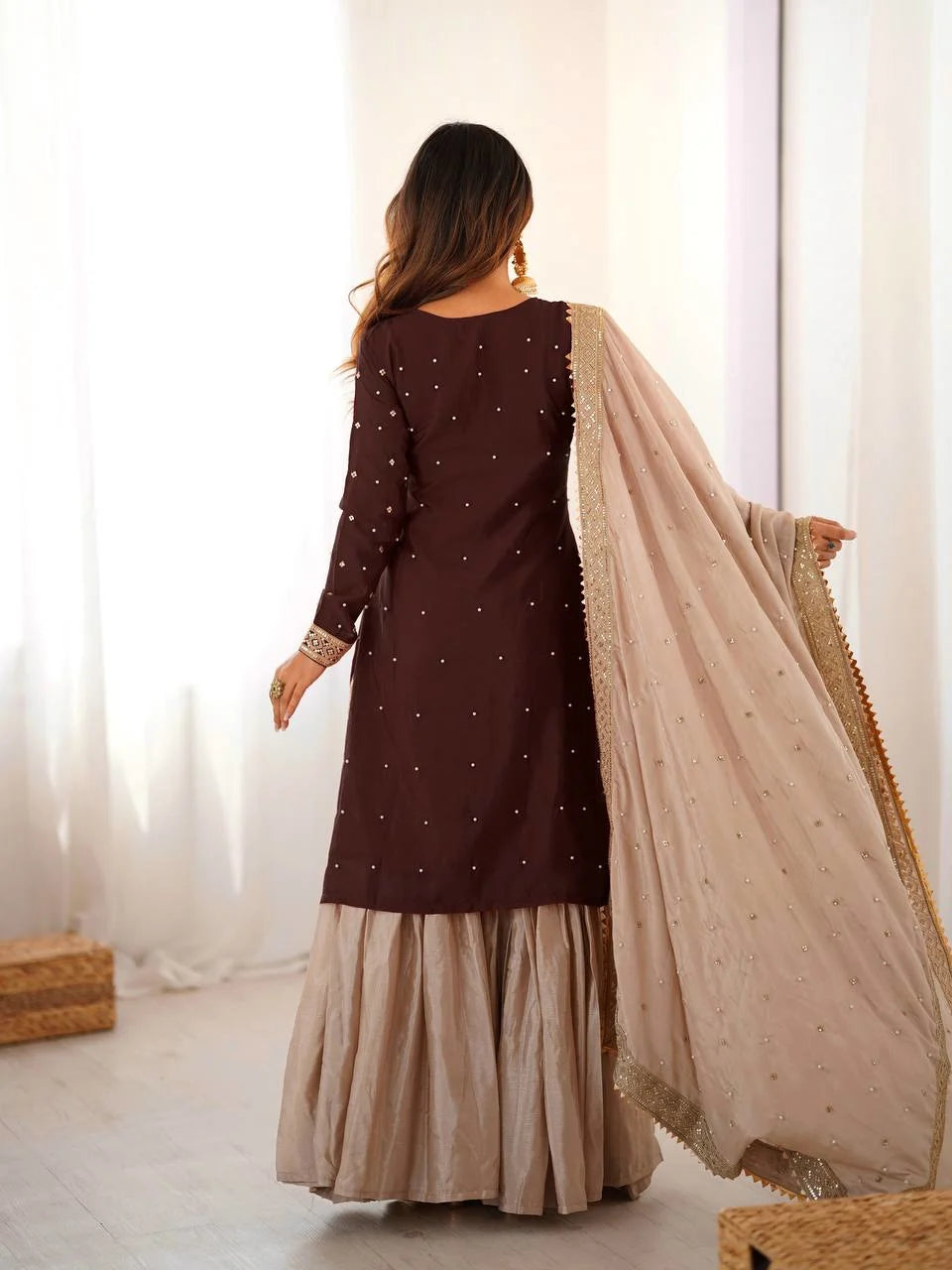 Premium Chinon Silk Brown Sharara Outfit with Rich Detailing