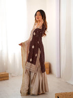 Premium Chinon Silk Brown Sharara Outfit with Rich Detailing