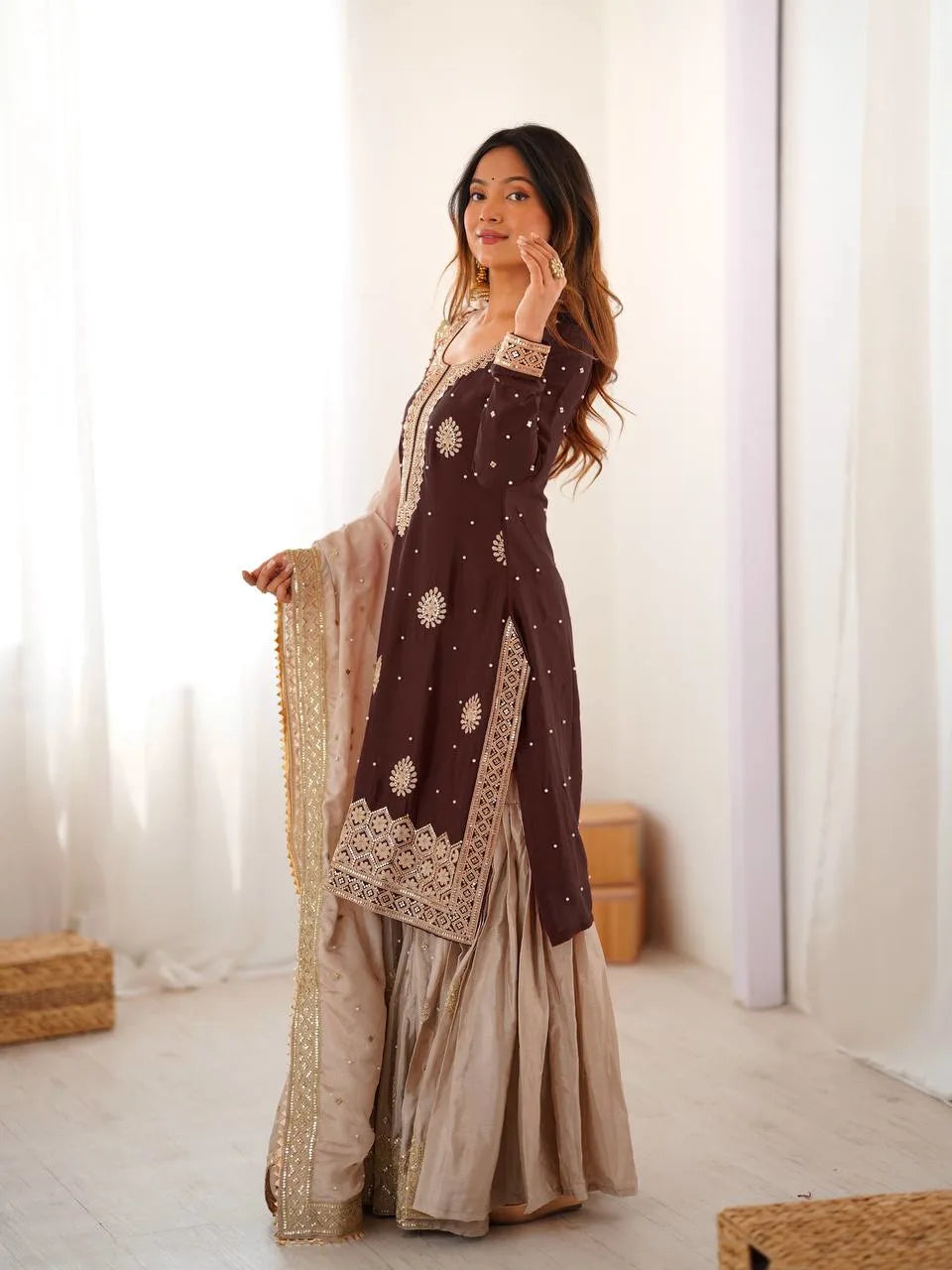 Premium Chinon Silk Brown Sharara Outfit with Rich Detailing