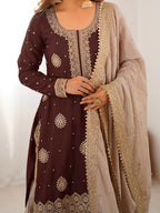 Premium Chinon Silk Brown Sharara Outfit with Rich Detailing