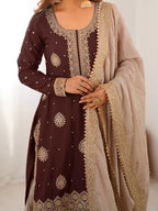 Premium Chinon Silk Brown Sharara Outfit with Rich Detailing