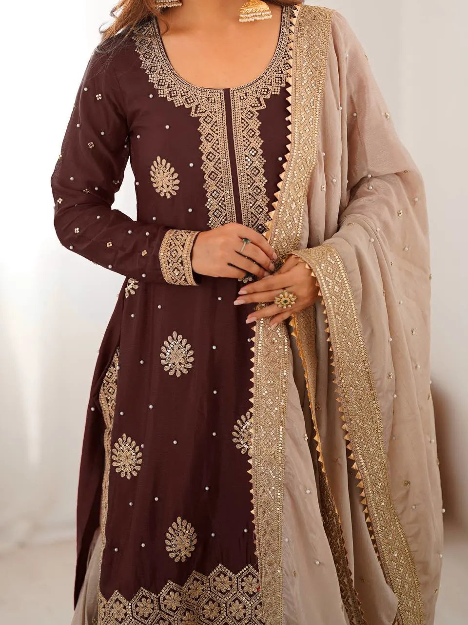 Premium Chinon Silk Brown Sharara Outfit with Rich Detailing