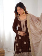 Premium Chinon Silk Brown Sharara Outfit with Rich Detailing