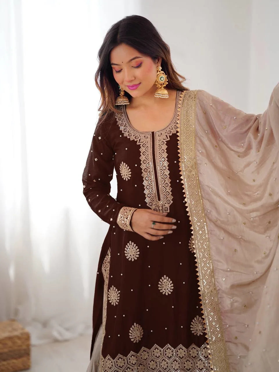 Premium Chinon Silk Brown Sharara Outfit with Rich Detailing