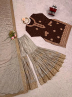 Premium Chinon Silk Brown Sharara Outfit with Rich Detailing