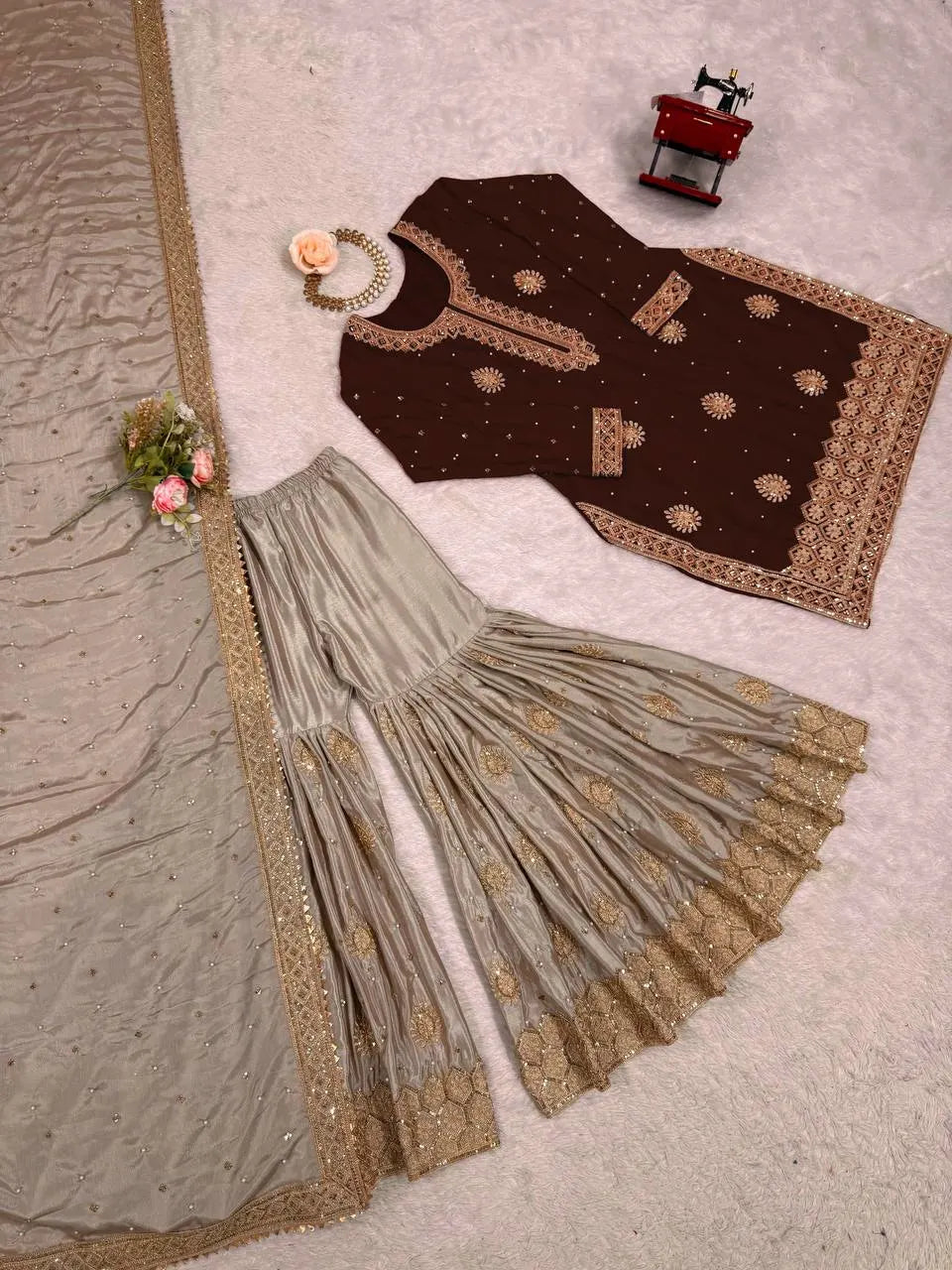 Premium Chinon Silk Brown Sharara Outfit with Rich Detailing