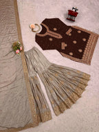Premium Chinon Silk Brown Sharara Outfit with Rich Detailing