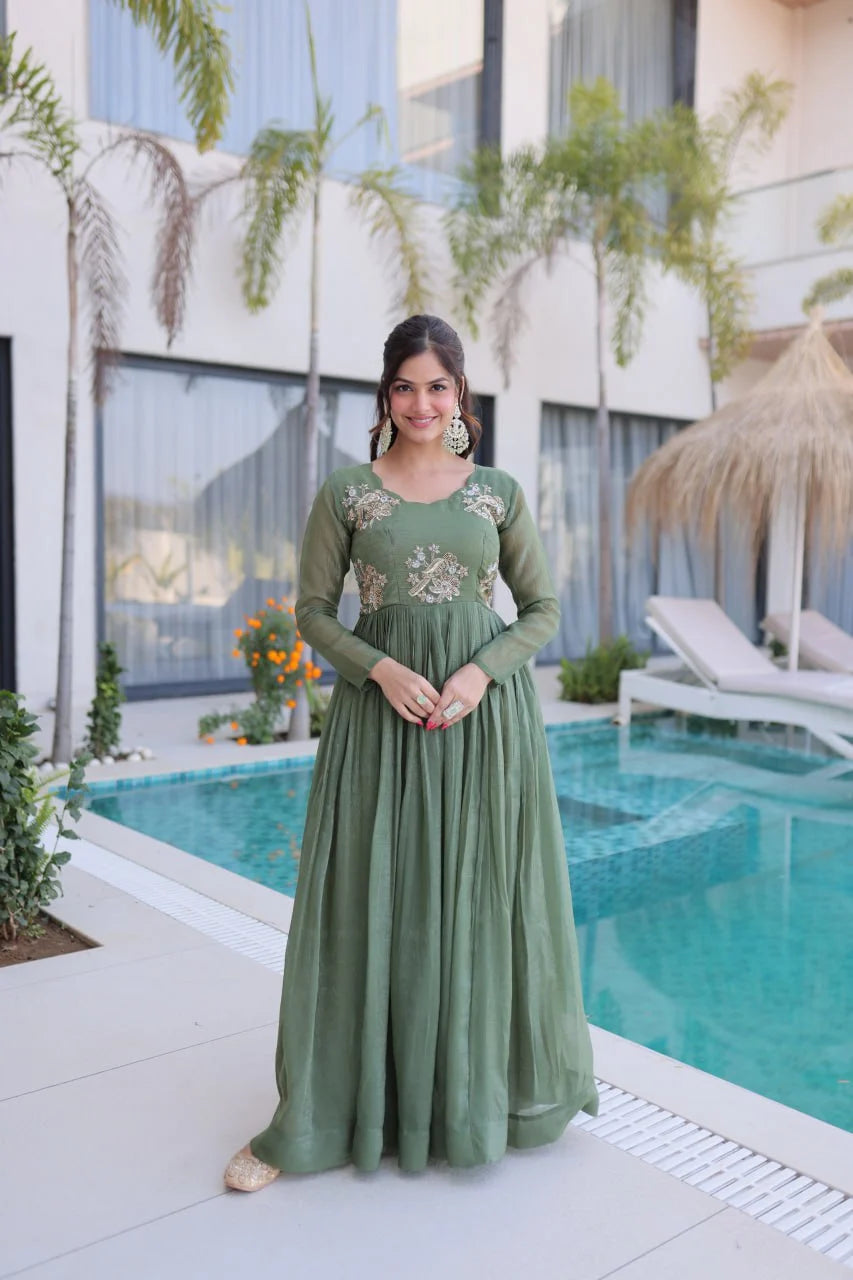 Designer Beads Work Gown in Silver Crunchy Fabric with 3 Meter Flair