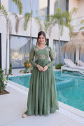 Designer Beads Work Gown in Silver Crunchy Fabric with 3 Meter Flair
