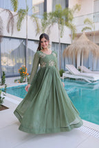 Designer Beads Work Gown in Silver Crunchy Fabric with 3 Meter Flair