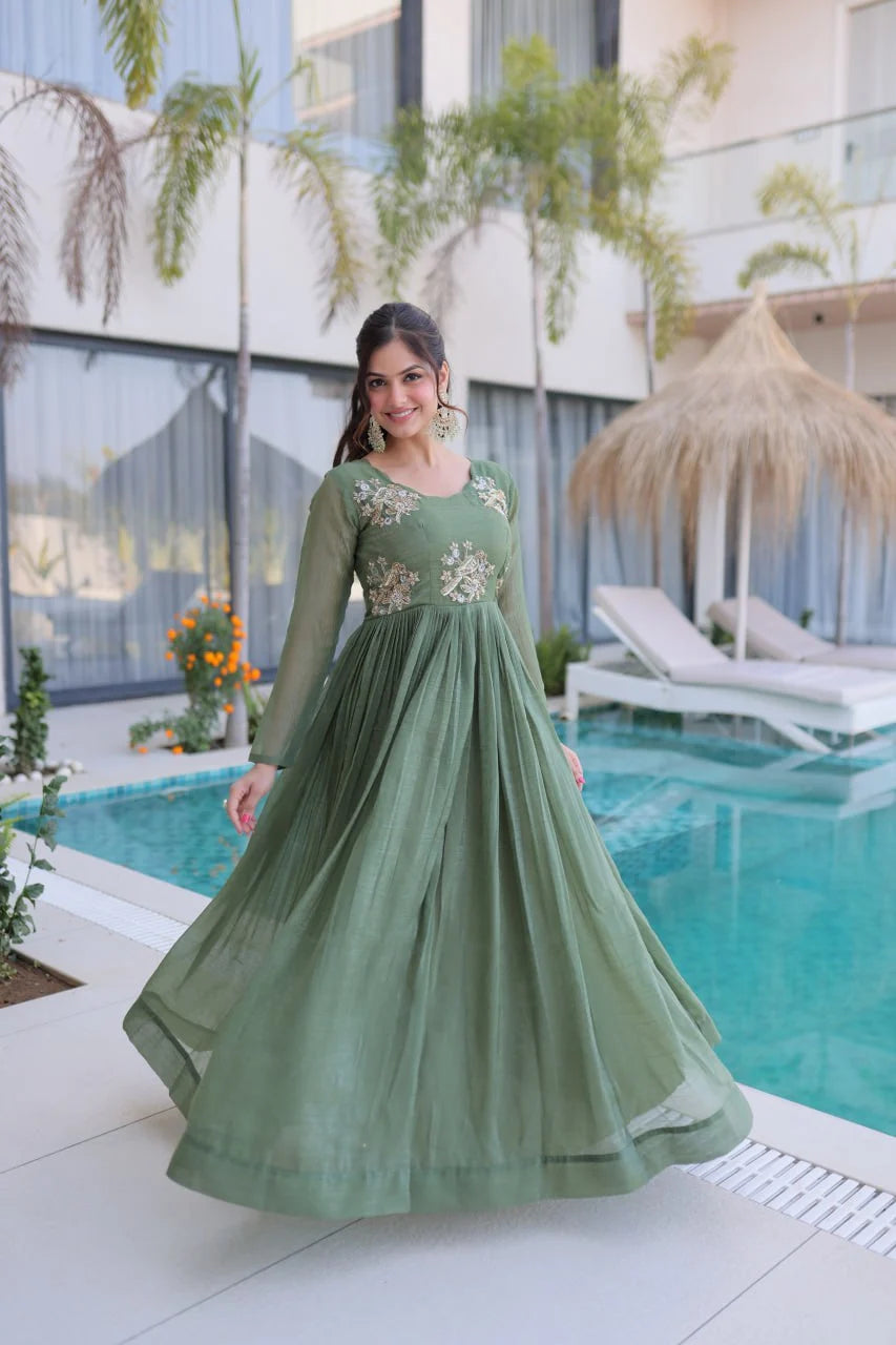 Designer Beads Work Gown in Silver Crunchy Fabric with 3 Meter Flair