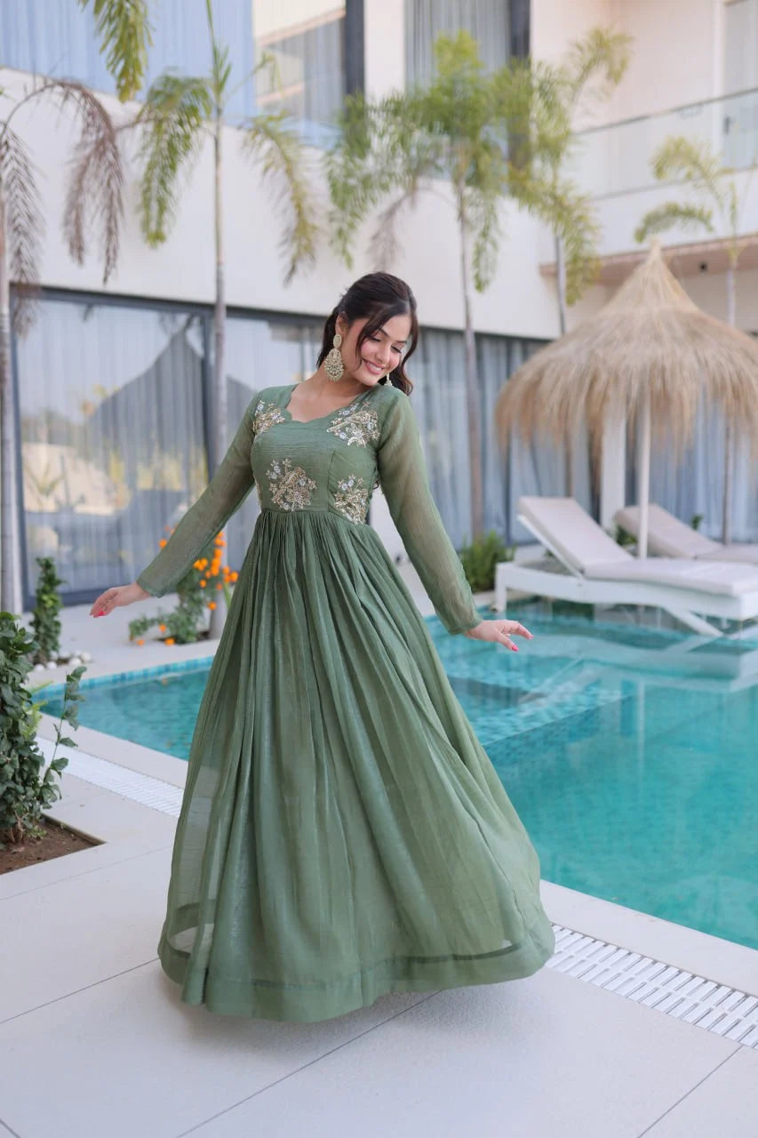 Designer Beads Work Gown in Silver Crunchy Fabric with 3 Meter Flair
