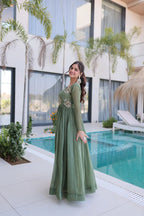 Designer Beads Work Gown in Silver Crunchy Fabric with 3 Meter Flair