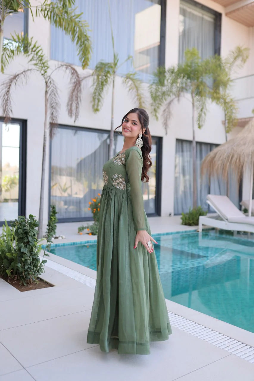 Designer Beads Work Gown in Silver Crunchy Fabric with 3 Meter Flair