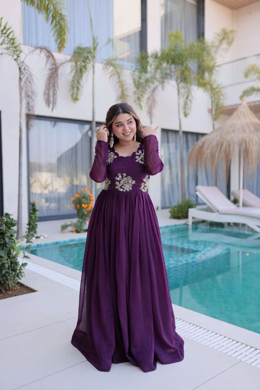Party Wear Silver Crunchy Gown with Intricate Beads Embroidery