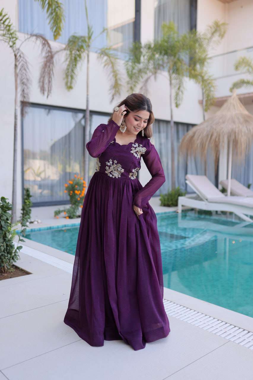 Party Wear Silver Crunchy Gown with Intricate Beads Embroidery
