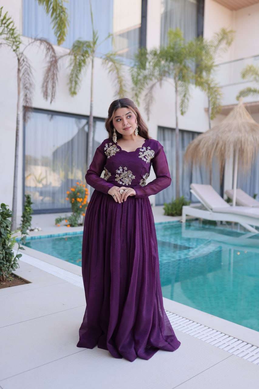 Party Wear Silver Crunchy Gown with Intricate Beads Embroidery