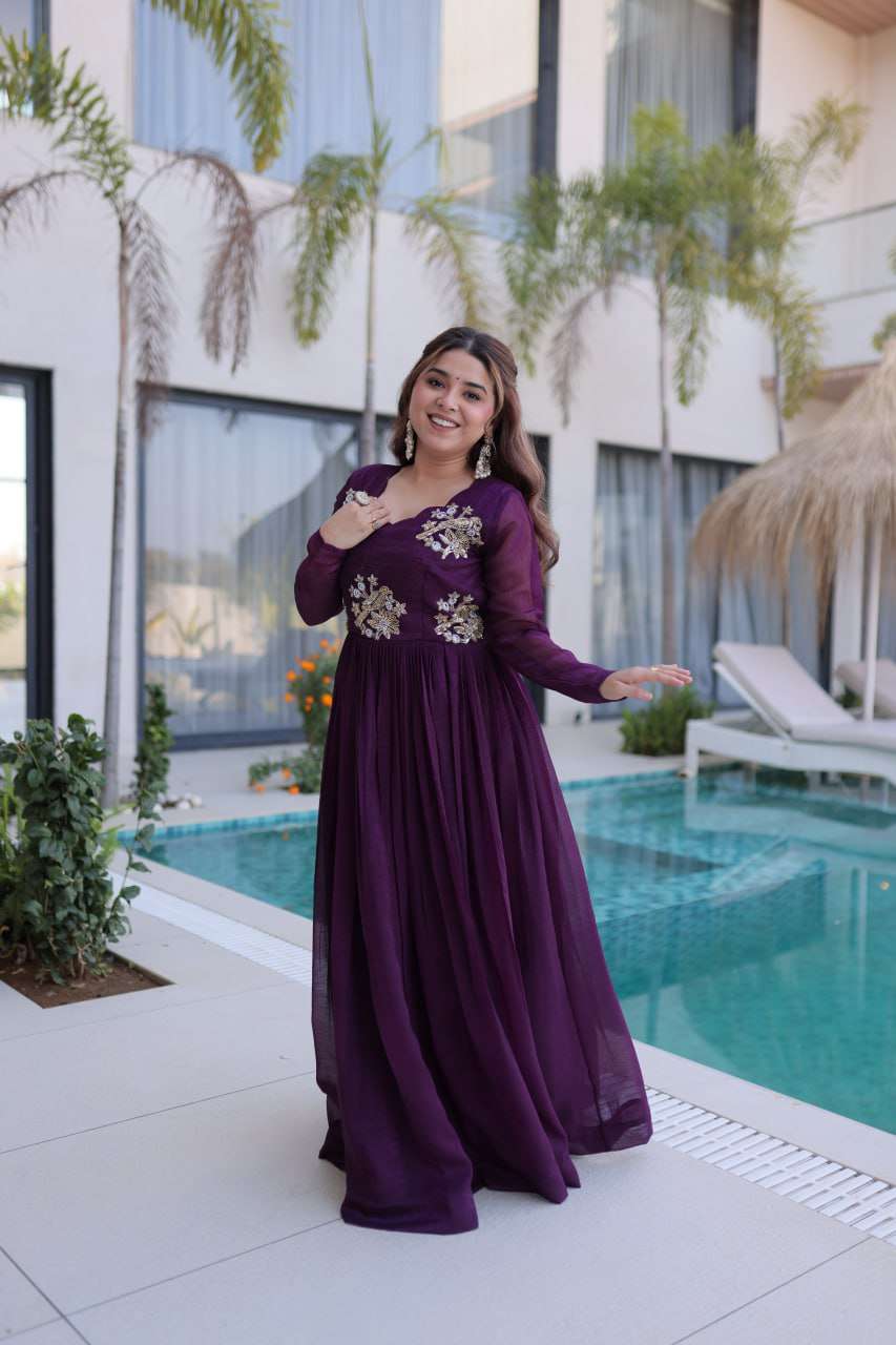 Party Wear Silver Crunchy Gown with Intricate Beads Embroidery