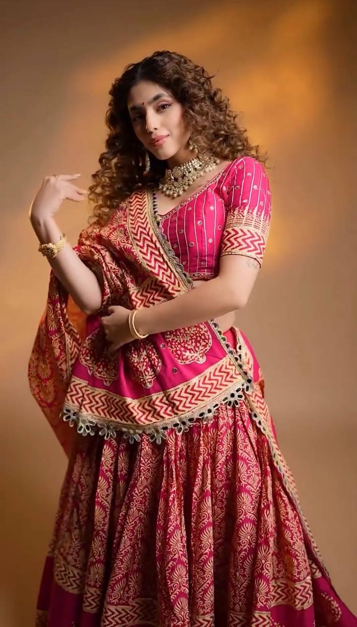 Rani Pink Mirror Work Rayon Lehenga Choli, Flared Garba Dandiya Festive Outfit