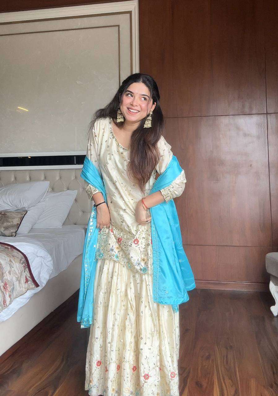 Ivory Cyan Fusion – Exclusive Designer Sharara Pair