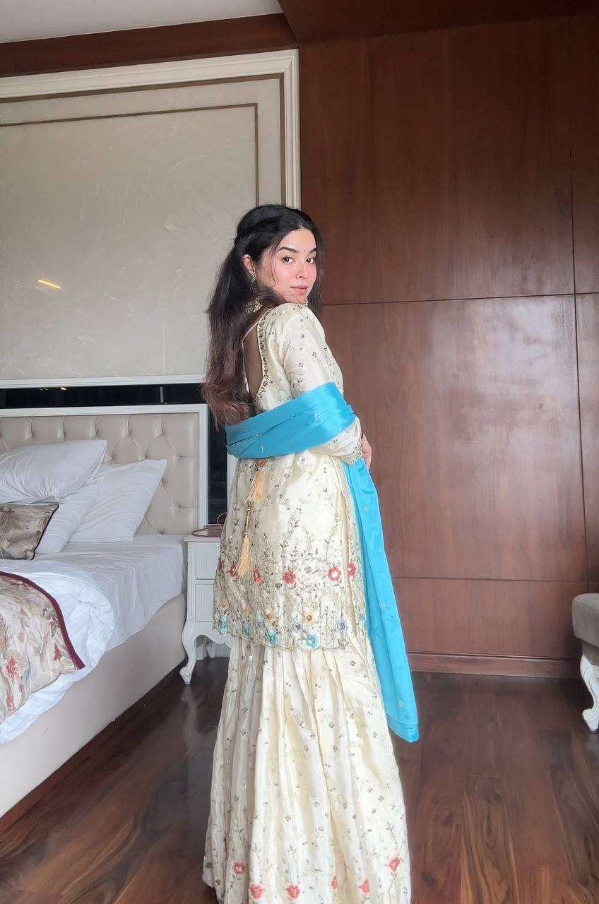 Ivory Cyan Fusion – Exclusive Designer Sharara Pair