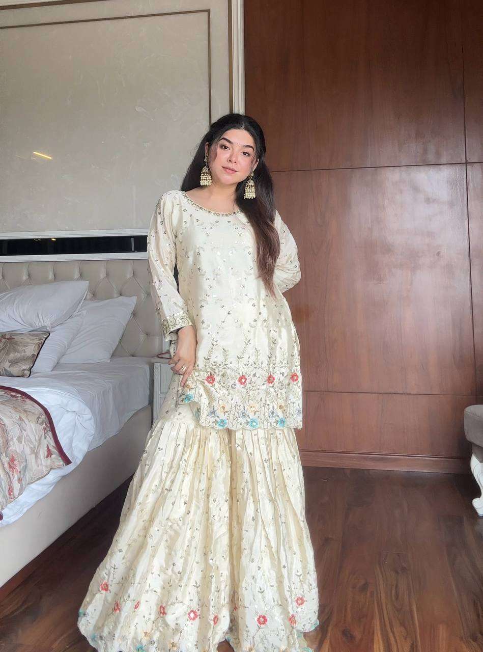 Ivory Cyan Fusion – Exclusive Designer Sharara Pair
