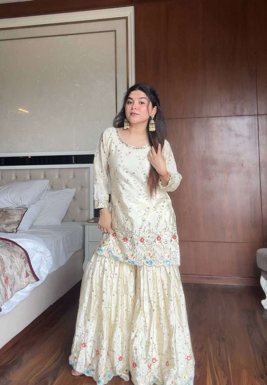 Ivory Cyan Fusion â€“ Exclusive Designer Sharara Pair