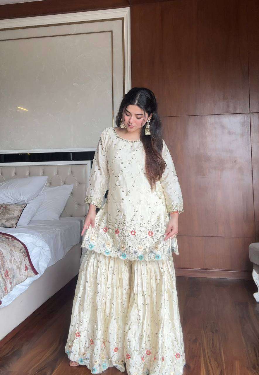 Ivory Cyan Fusion – Exclusive Designer Sharara Pair