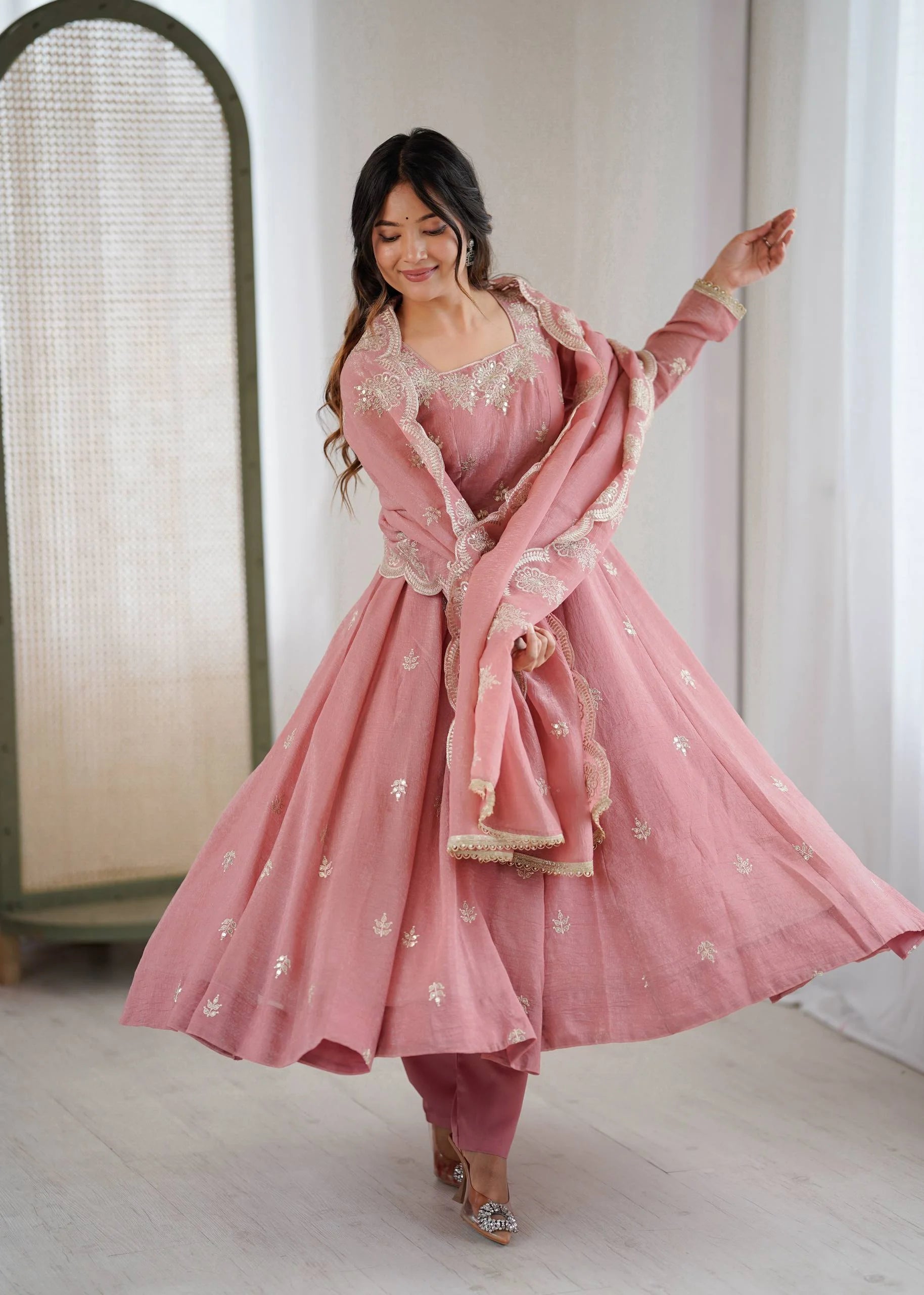 Designer Crunchy Silk Gown with Heavy Embroidery, Bottom & Dupatta