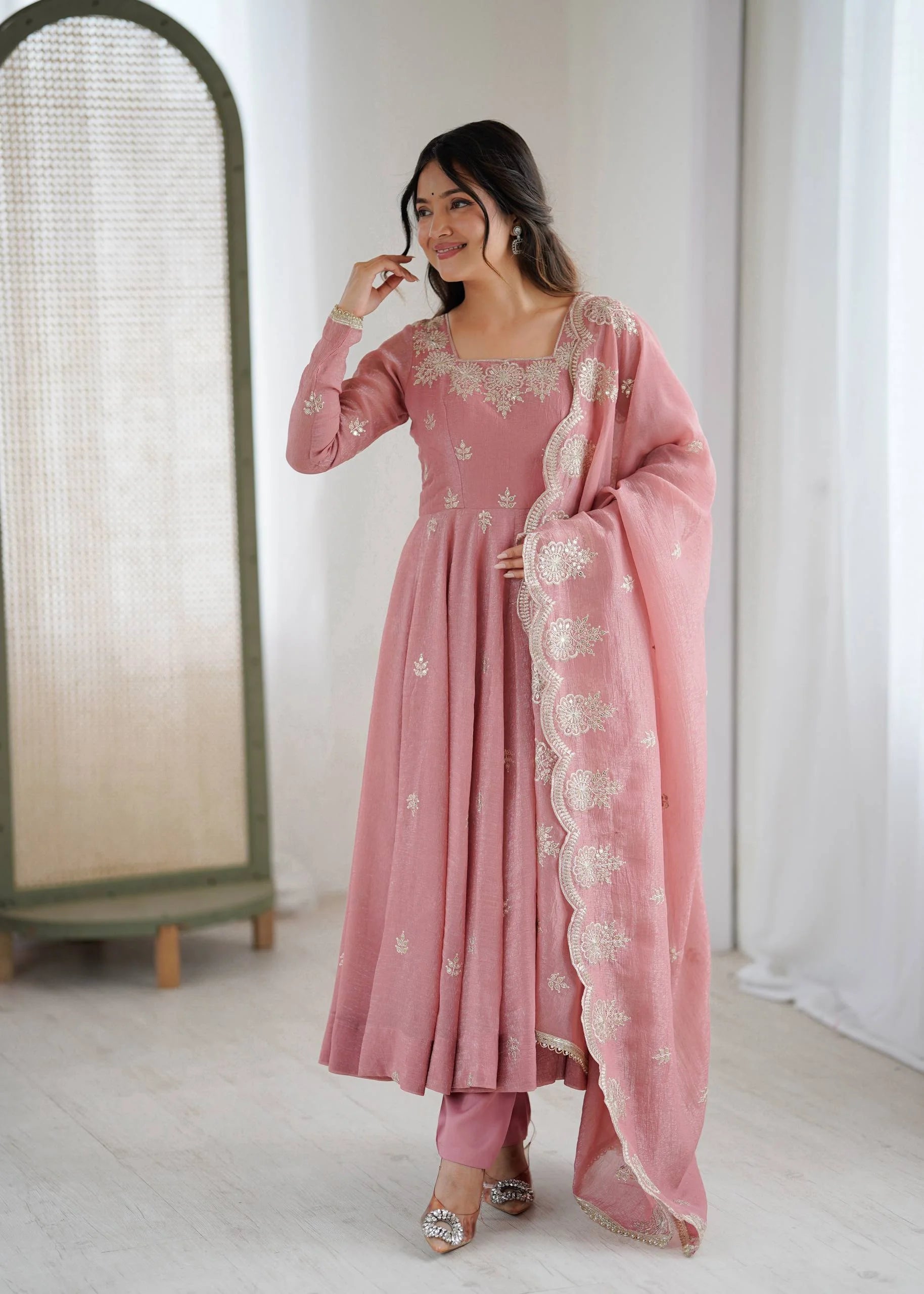Designer Crunchy Silk Gown with Heavy Embroidery, Bottom & Dupatta