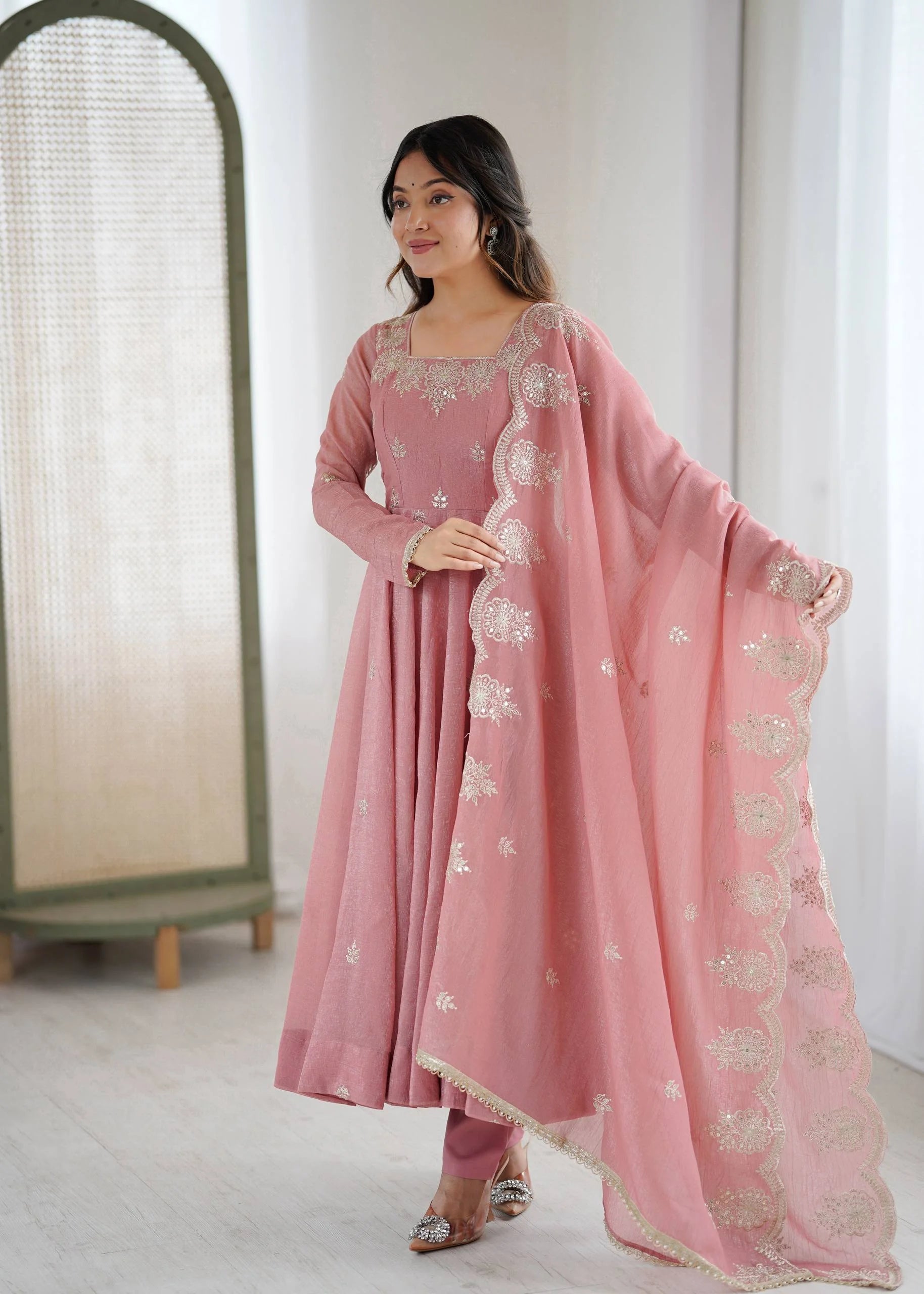 Designer Crunchy Silk Gown with Heavy Embroidery, Bottom & Dupatta
