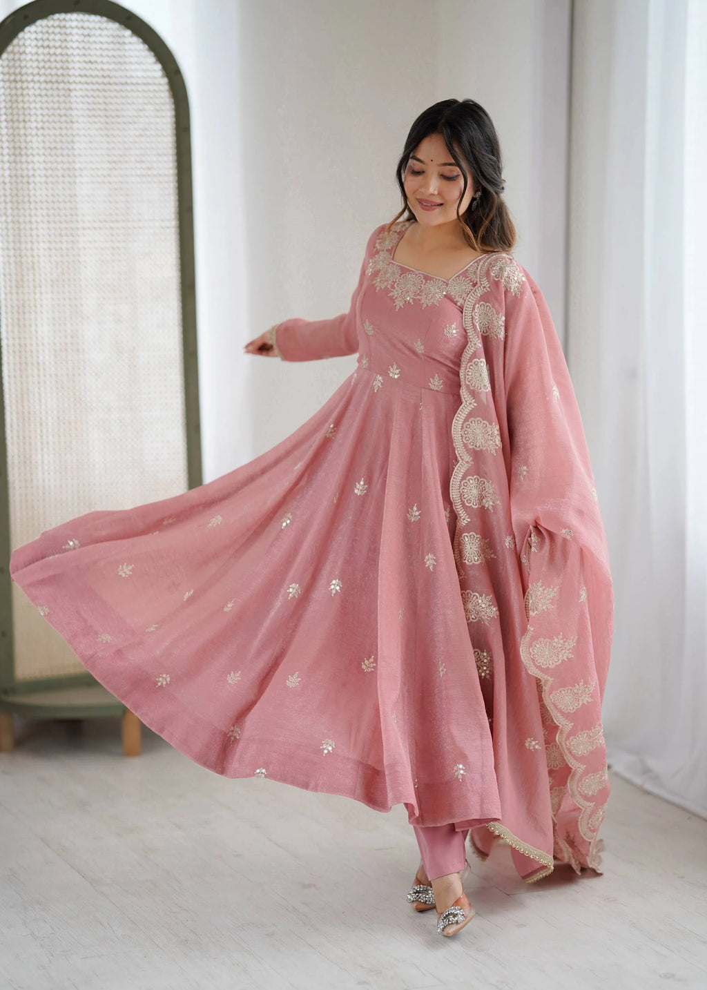 Designer Crunchy Silk Gown with Heavy Embroidery, Bottom & Dupatta