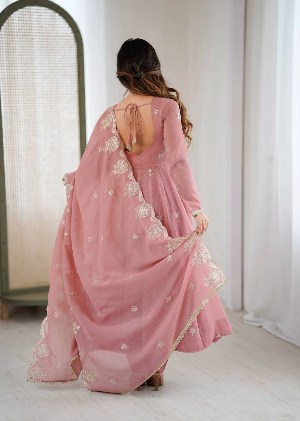 Designer Crunchy Silk Gown with Heavy Embroidery, Bottom & Dupatta