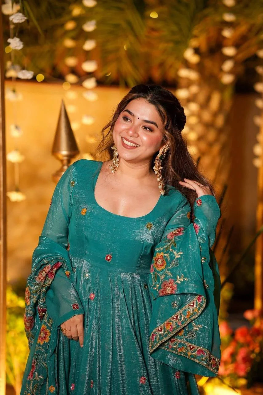 Premium Crunchy Fabric Anarkali Set with Sequence Embroidery Work