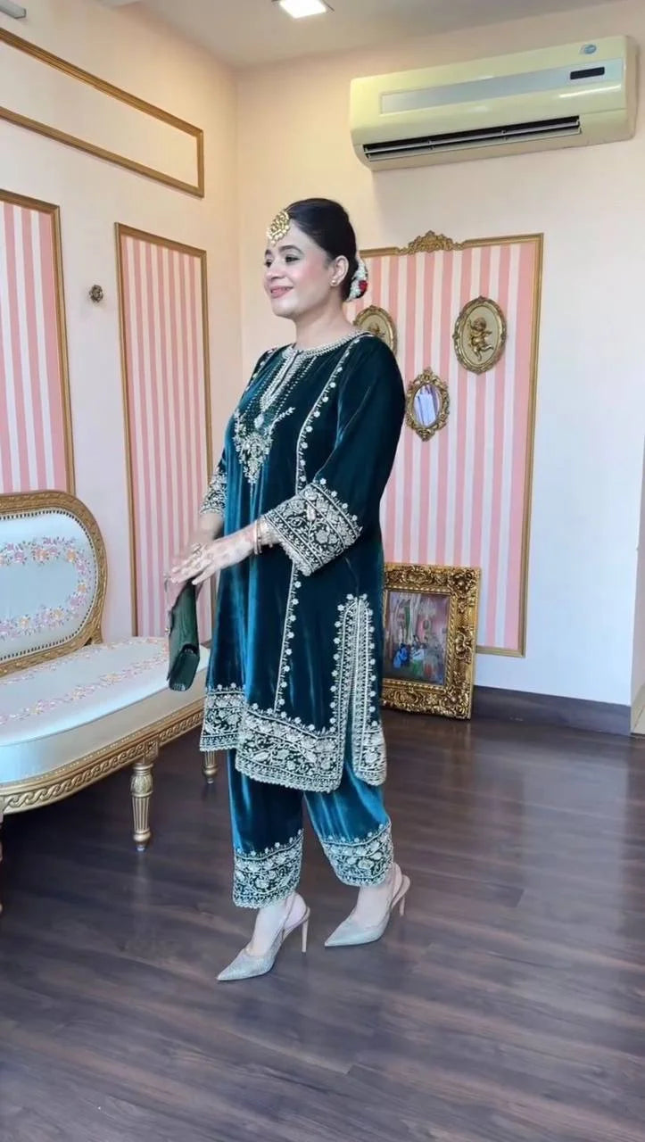 Velvet Sequence Embroidered Suit Set with Organza Dupatta
