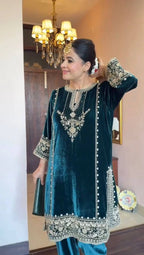 Velvet Sequence Embroidered Suit Set with Organza Dupatta