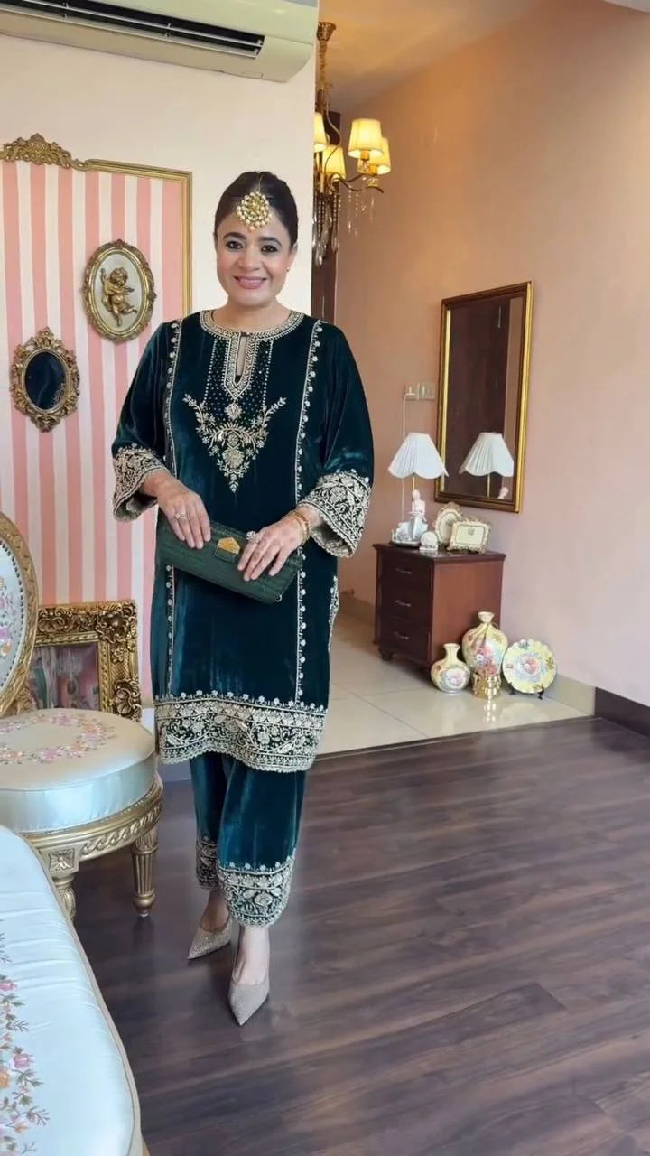 Velvet Sequence Embroidered Suit Set with Organza Dupatta