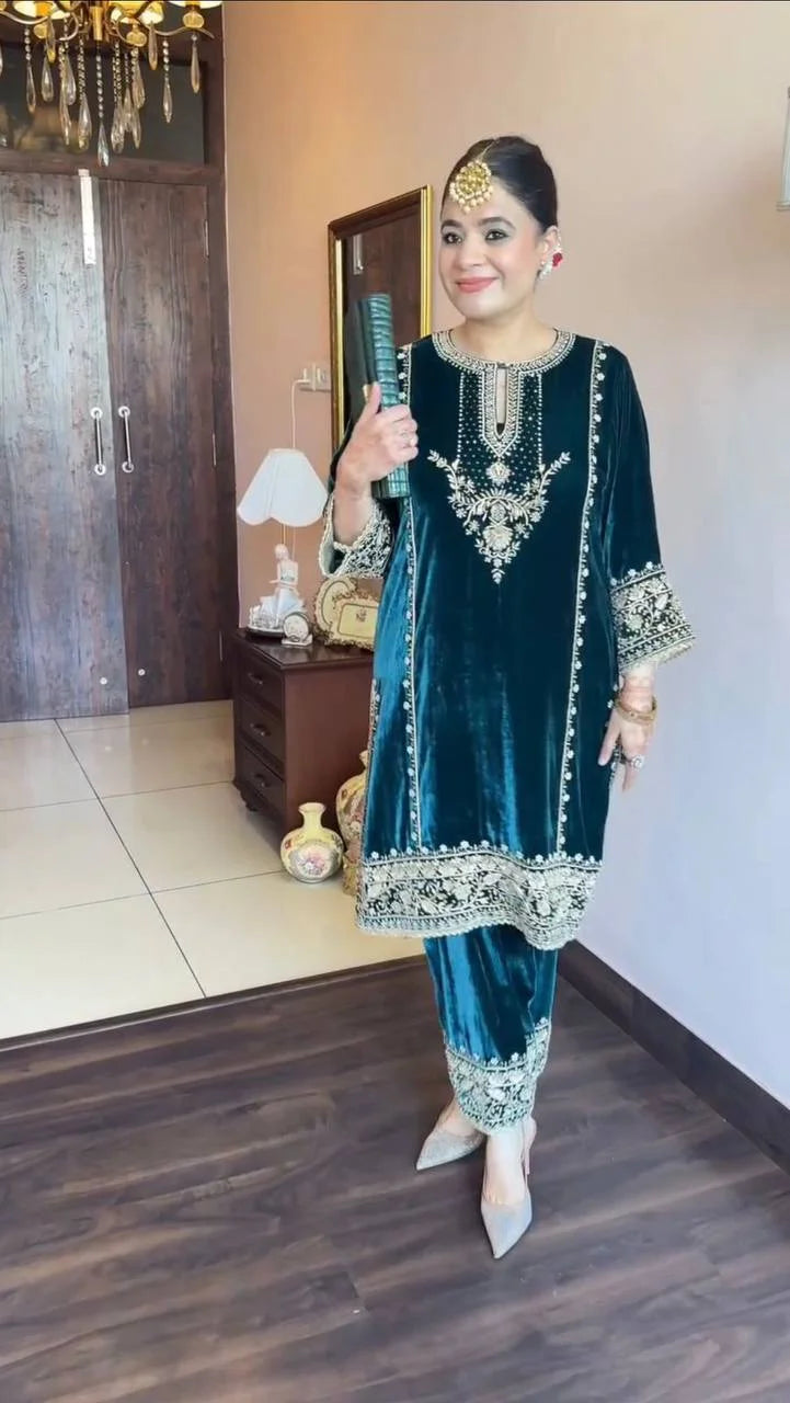 Velvet Sequence Embroidered Suit Set with Organza Dupatta
