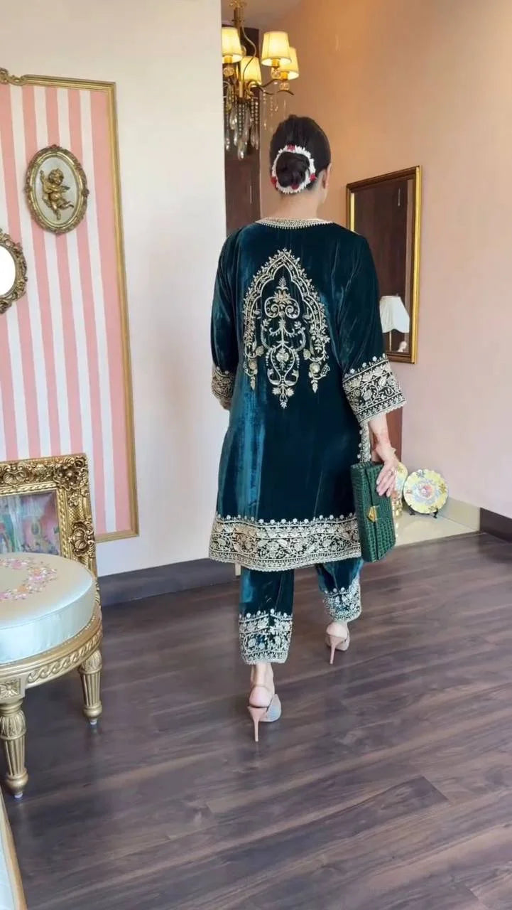 Velvet Sequence Embroidered Suit Set with Organza Dupatta