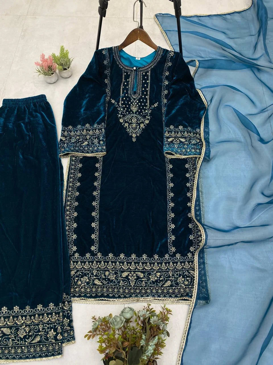 Velvet Sequence Embroidered Suit Set with Organza Dupatta