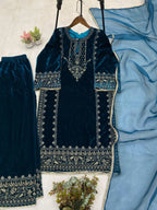 Velvet Sequence Embroidered Suit Set with Organza Dupatta