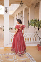 Designer Fancy V-Neck Gown with Embroidery & Frill Sleeve Detailing