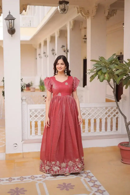 Designer Fancy V-Neck Gown with Embroidery & Frill Sleeve Detailing