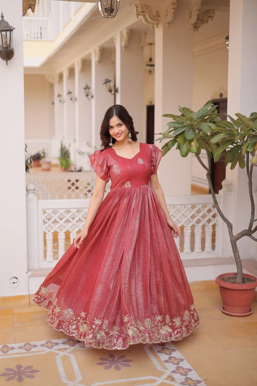 Designer Fancy V-Neck Gown with Embroidery & Frill Sleeve Detailing